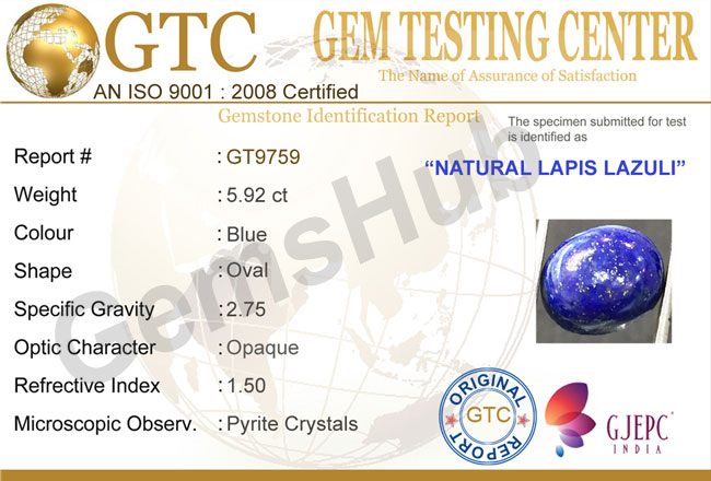 5.92 ct Natural Certified Lapis Lazuli (Lajwart)